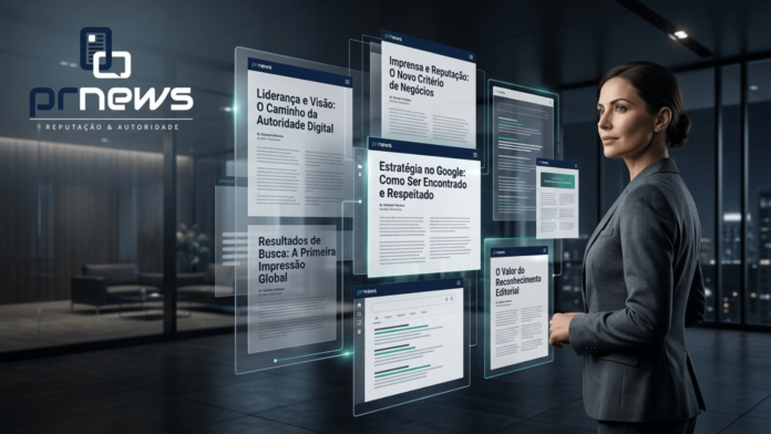 PRNews Executiva observa painéis digitais com matérias jornalísticas e resultados de busca da PRNews, representando autoridade, reputação e presença estratégica no Google.