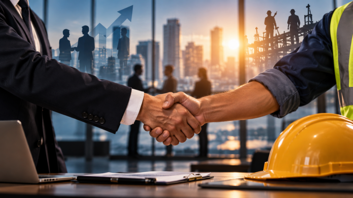 Parceria entre negócios e indústria Empresário e trabalhador apertam as mãos, simbolizando diálogo, cooperação e respeito nas relações de trabalho.