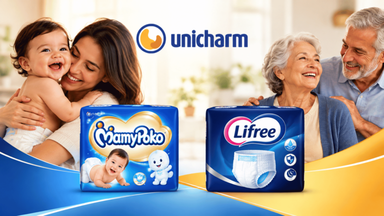 Unicharm apresenta as marcas MamyPoko e Lifree em imagem com mãe e bebê e casal de idosos, destacando produtos de cuidados infantis e incontinência urinária.